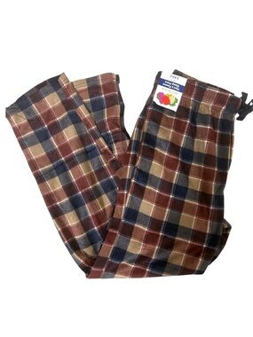 NWT Men’s Fruit of the loom fleece Plaid Drawstring Pants - Brown Navy Tan M